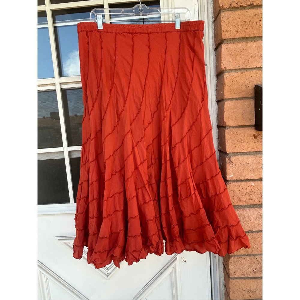 Zashi Burnt Orange 100% Cotton Ruffle Tiered Midi Skirt Large Cottage Fairy